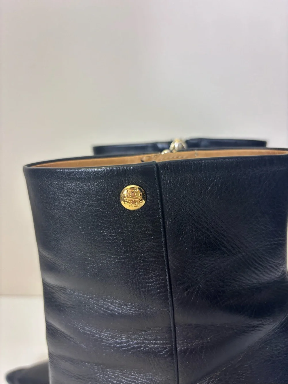 Tory Burch Black Leather Pointed Toe Heeled Booties with Gold Logo Women’s 8